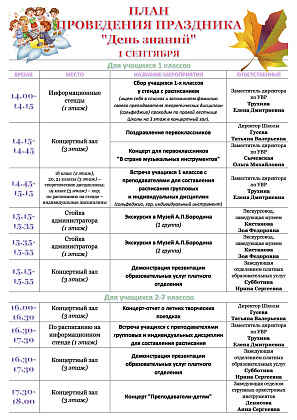 ПЛАН ПРОВЕДЕНИЯ ПРАЗДНИКА  "День знаний" 1 СЕНТЯБРЯ